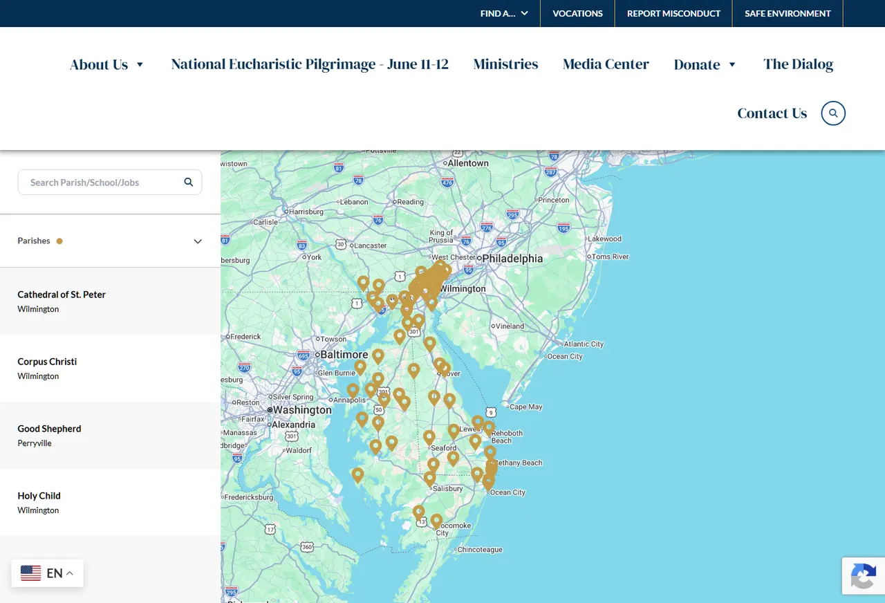 Screenshot of the Diocese of Wilmington parish finder interface.