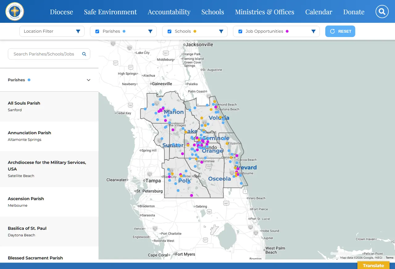 Screenshot of the Diocese of Orlando GIS map and filtering interface.